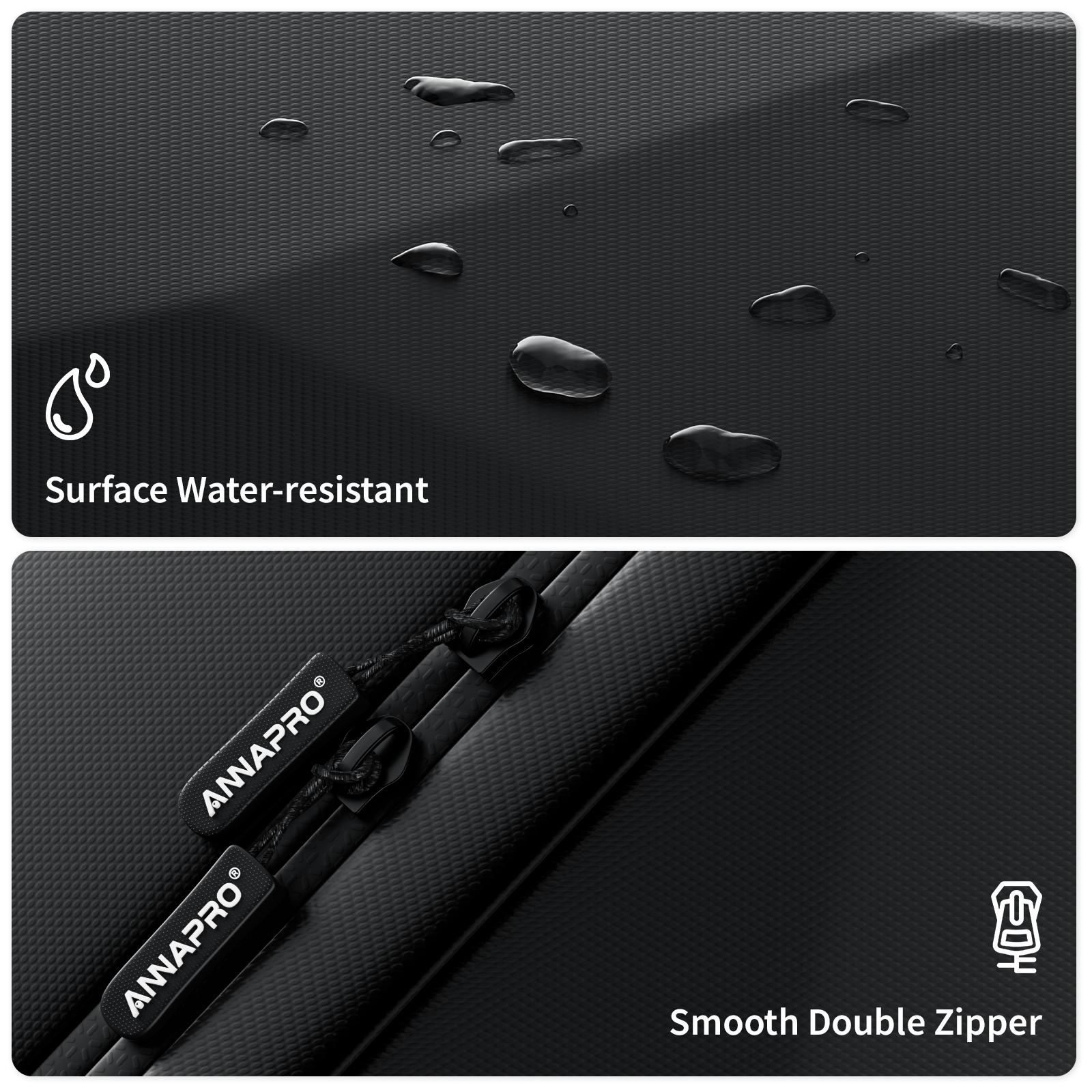 ANNAPRO VR Backpack: Water-resistant surface and smooth double zippers for secure, convenient use.
