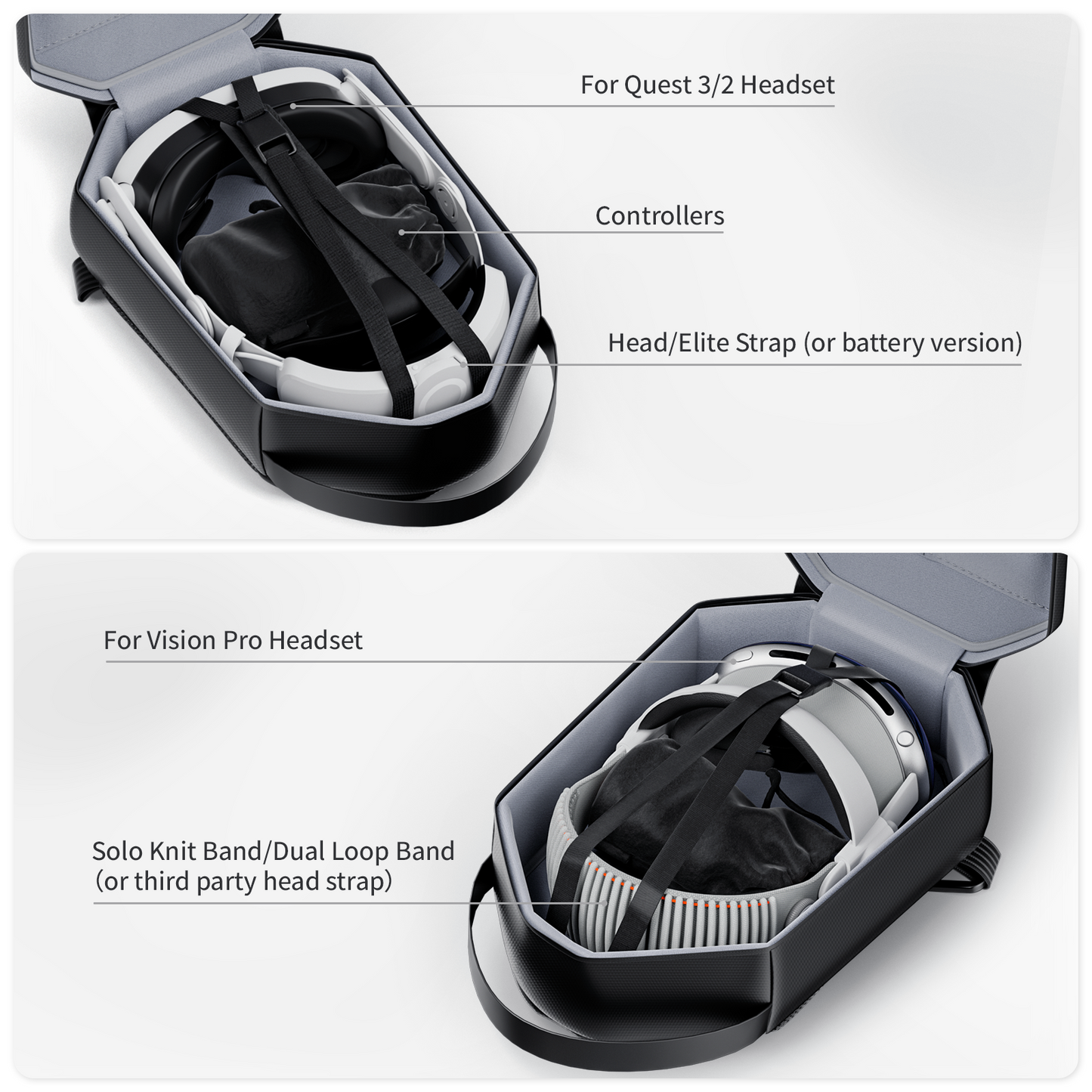 Multi-fit VR backpack: Organized storage for headsets and accessories.
