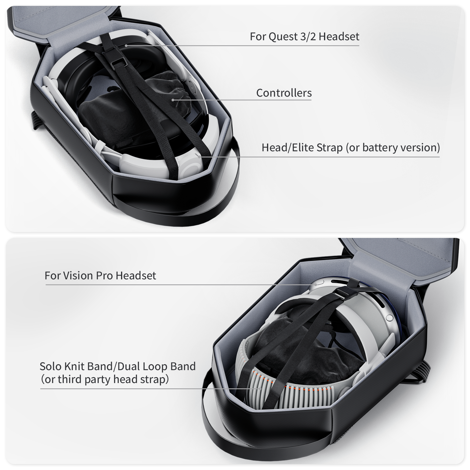 Multi-fit VR backpack: Organized storage for headsets and accessories.
