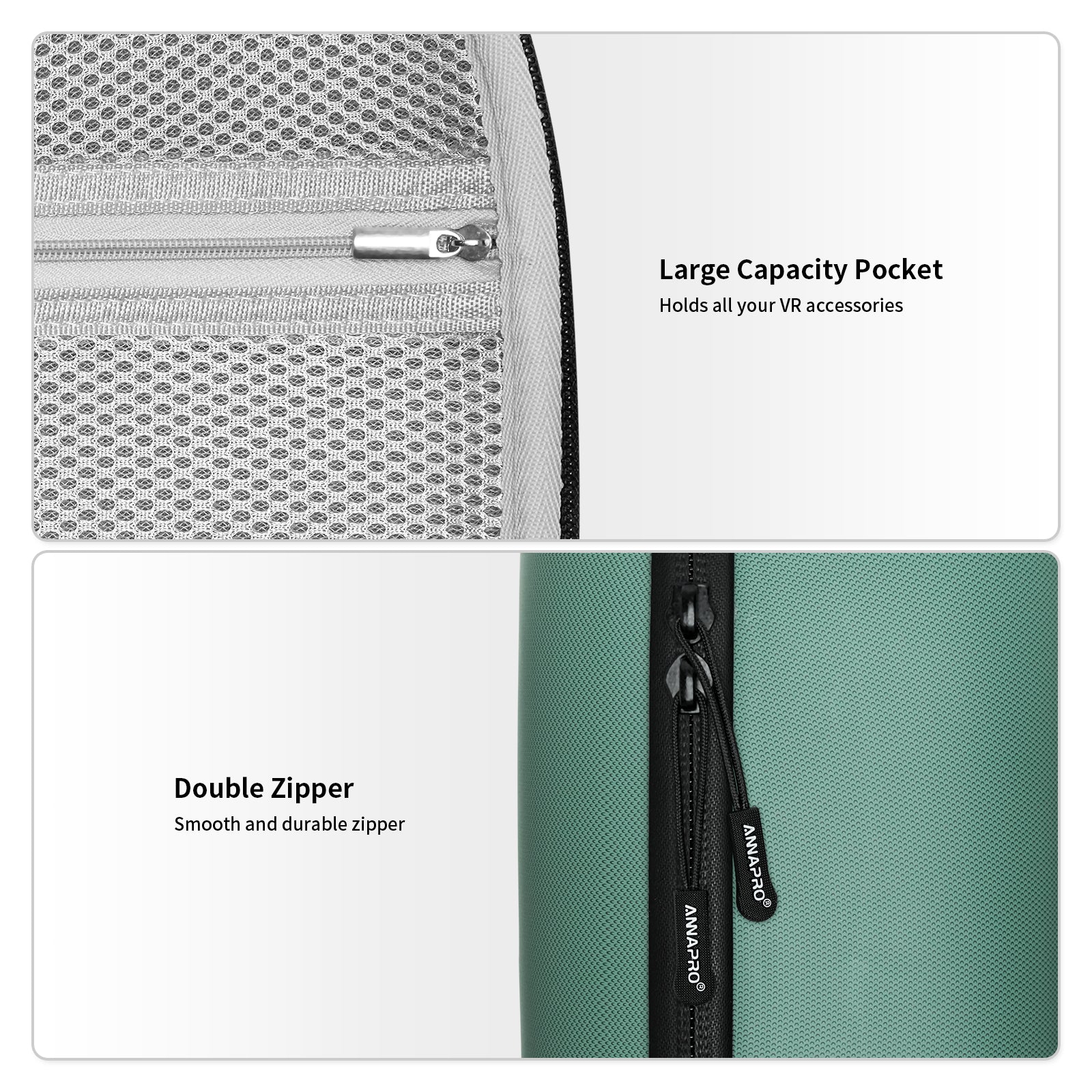 ANNAPRO Quest 3 Case: Large pocket for VR accessories, smooth double zippers.