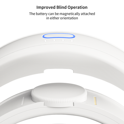 Magnetic battery head strap for Meta Quest 3 showing reversible magnetic battery attachment for easy blind operation